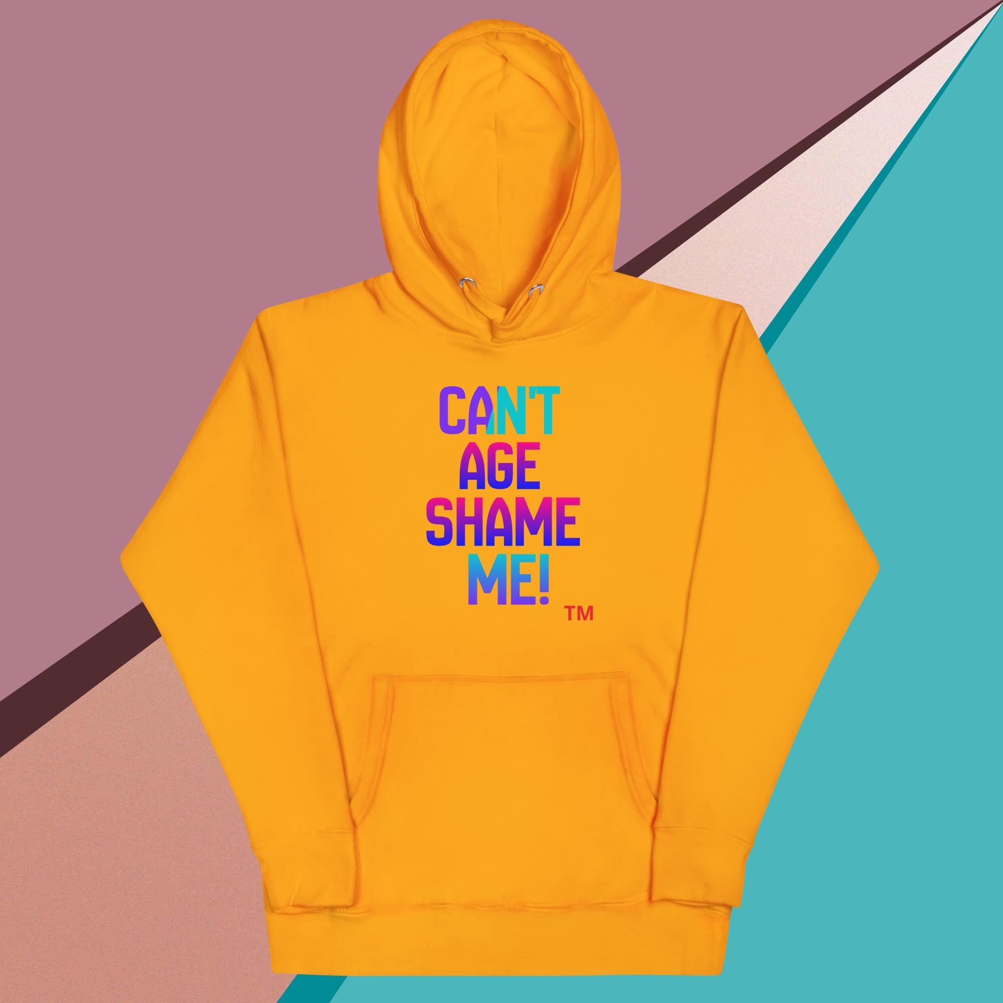 Yellow hoodie with colorful text on a geometric background