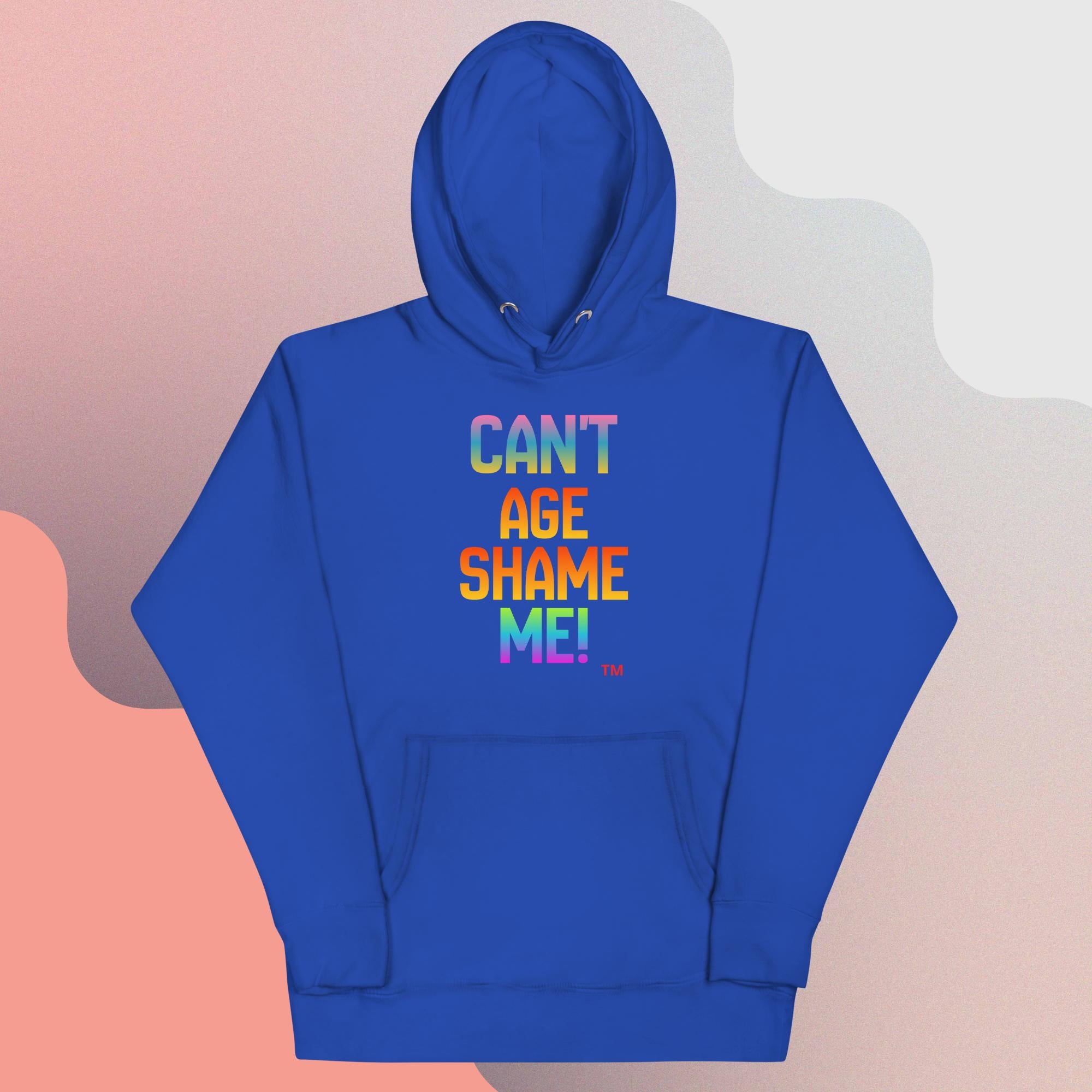 Blue hoodie with colorful text on a gradient background