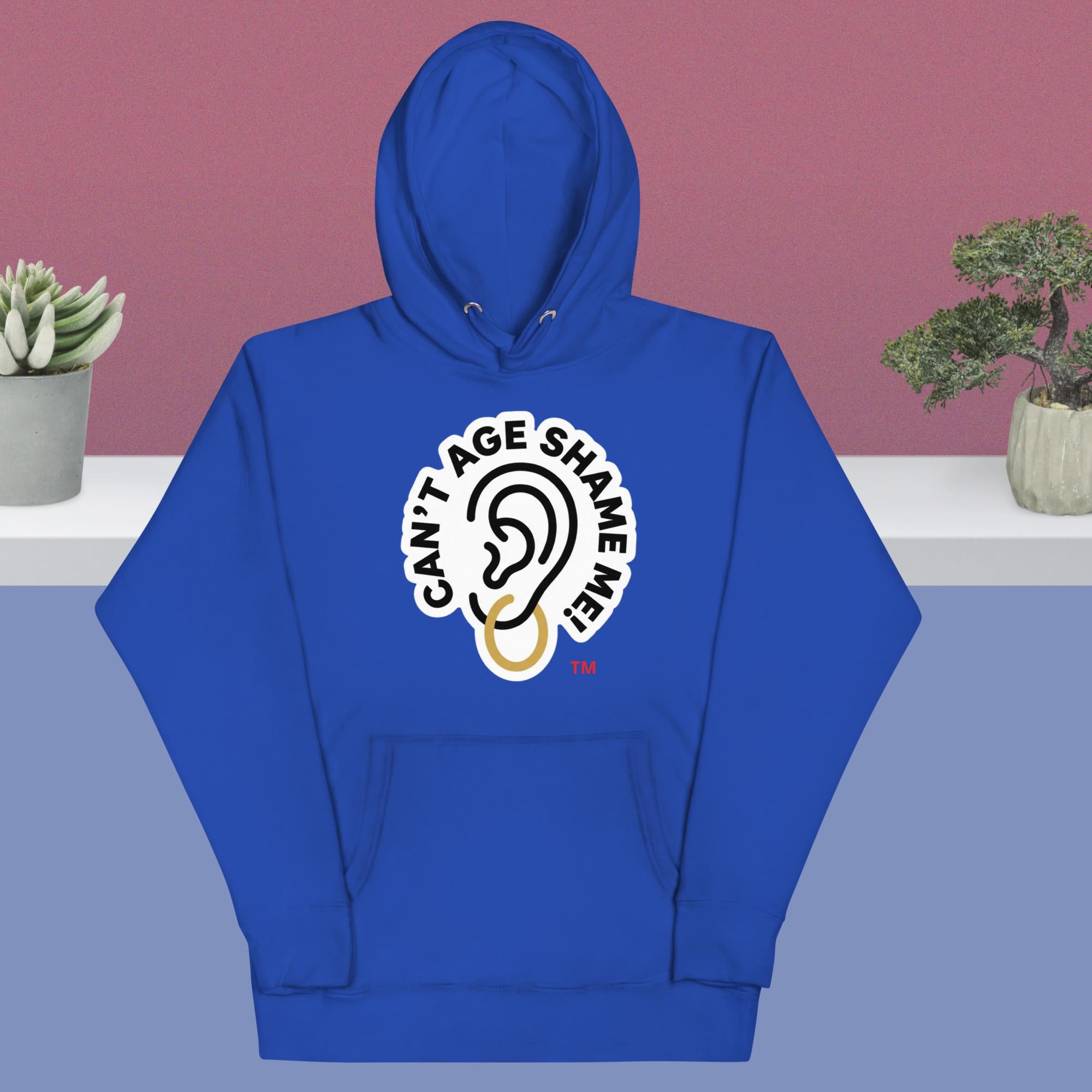 Royal Blue hoodie with 'Can't Age Shame Me' graphic on a gradient background