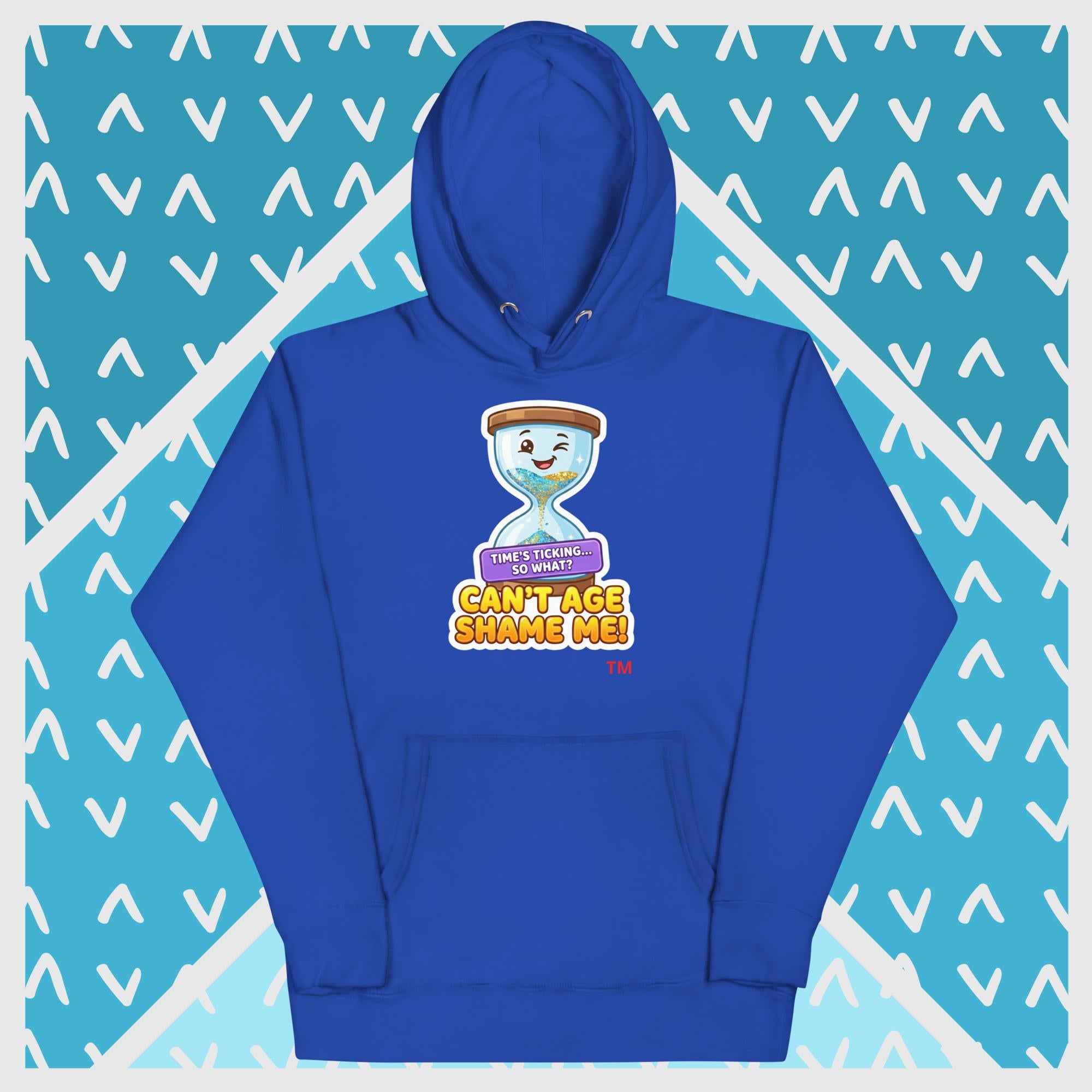 Royal Blue hoodie with a hour glass design on a blue background with white geometric patterns
