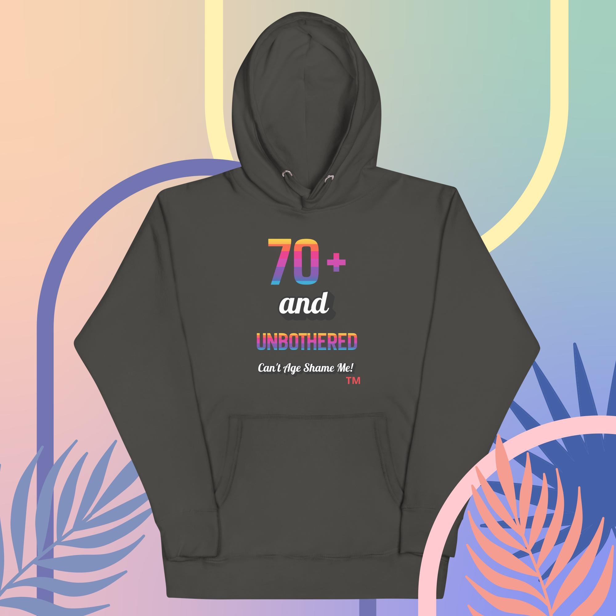 Black hoodie with colorful text design on a multicolored abstract background
