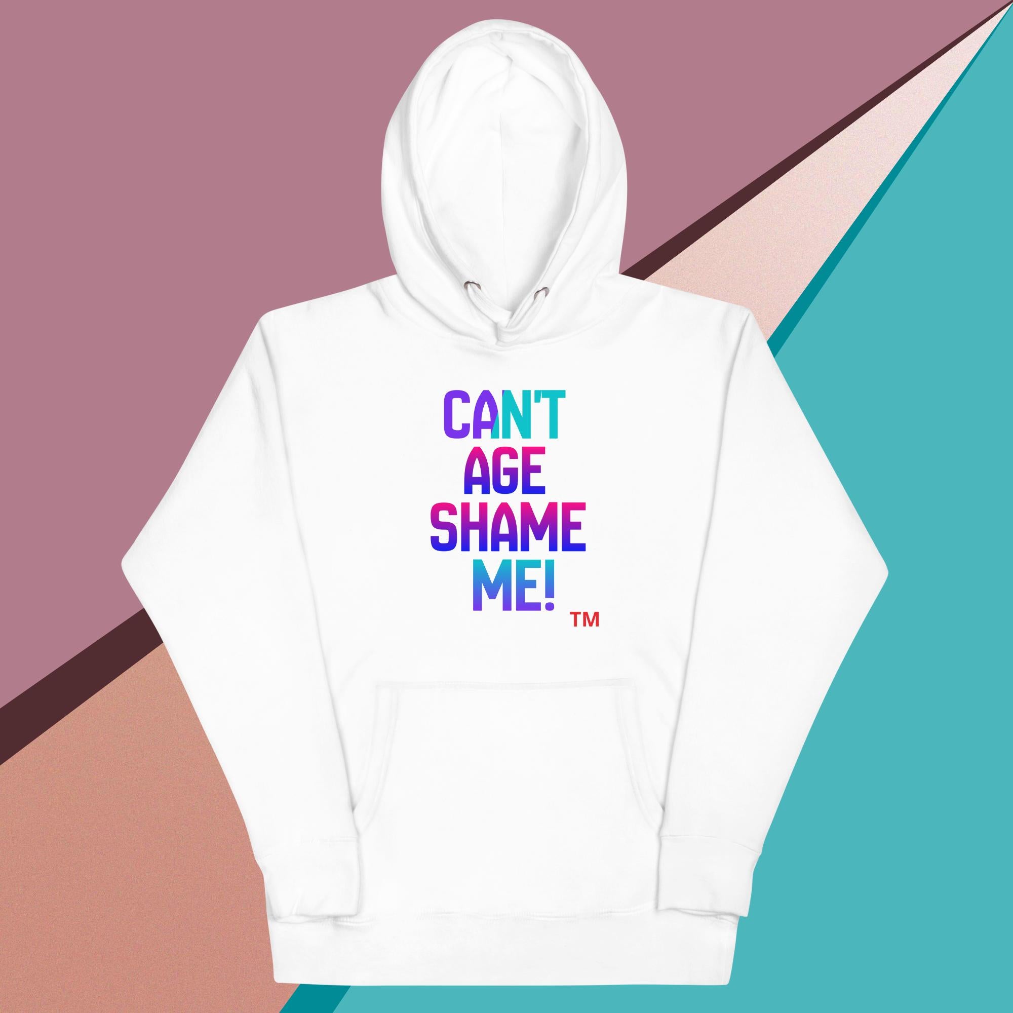 White hoodie with colorful text on a multicolored background
