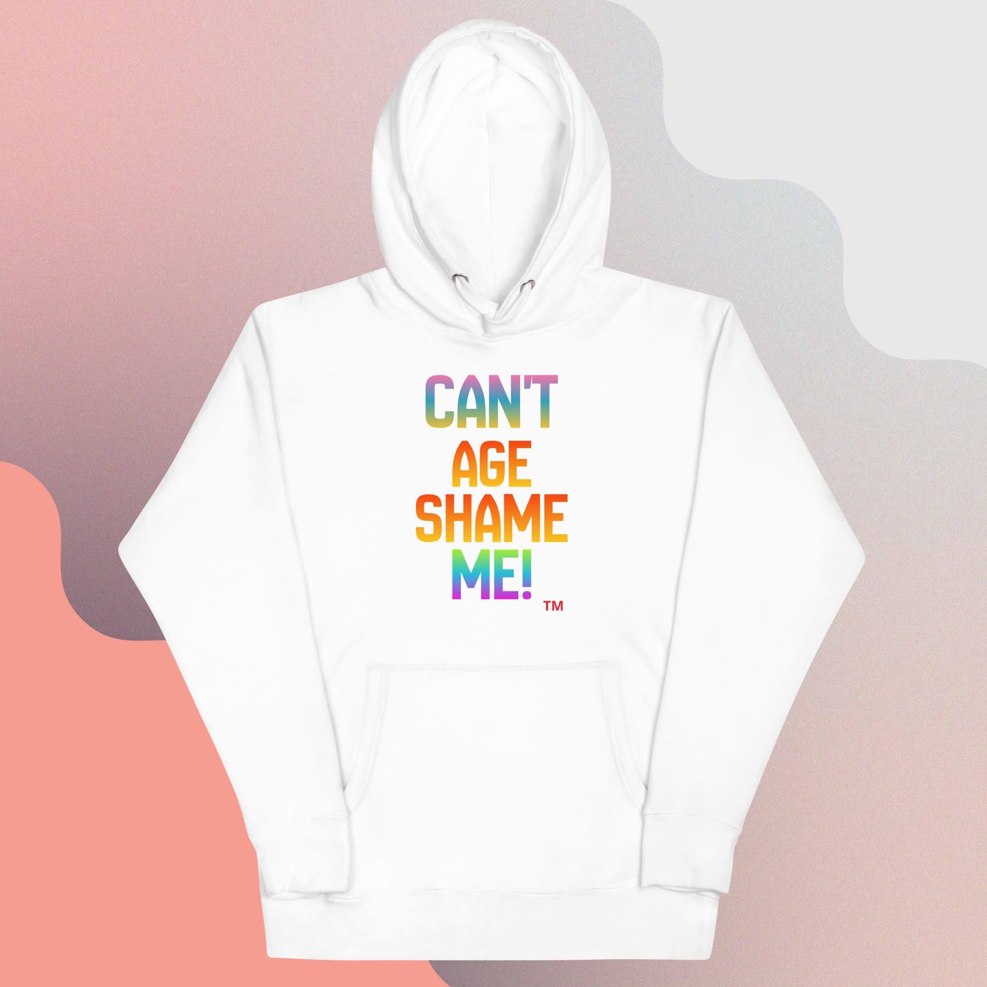 White hoodie with colorful text on a gradient background