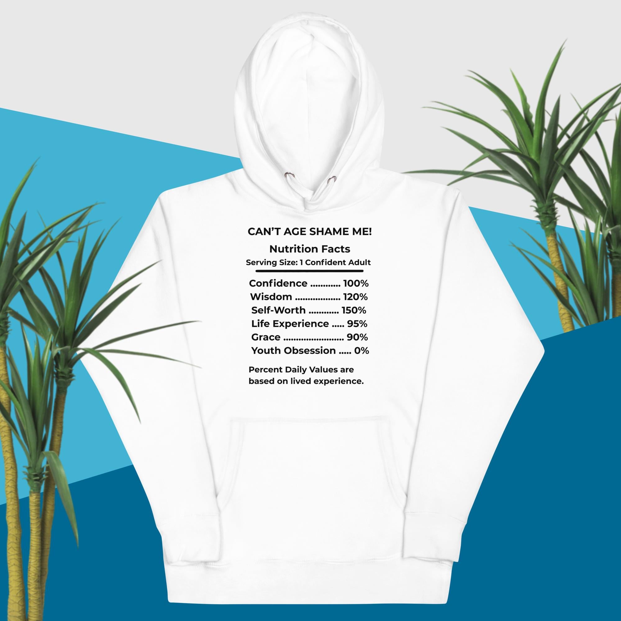 White Nutrition Facts Hoodie: Youth Not Required (Black Text)