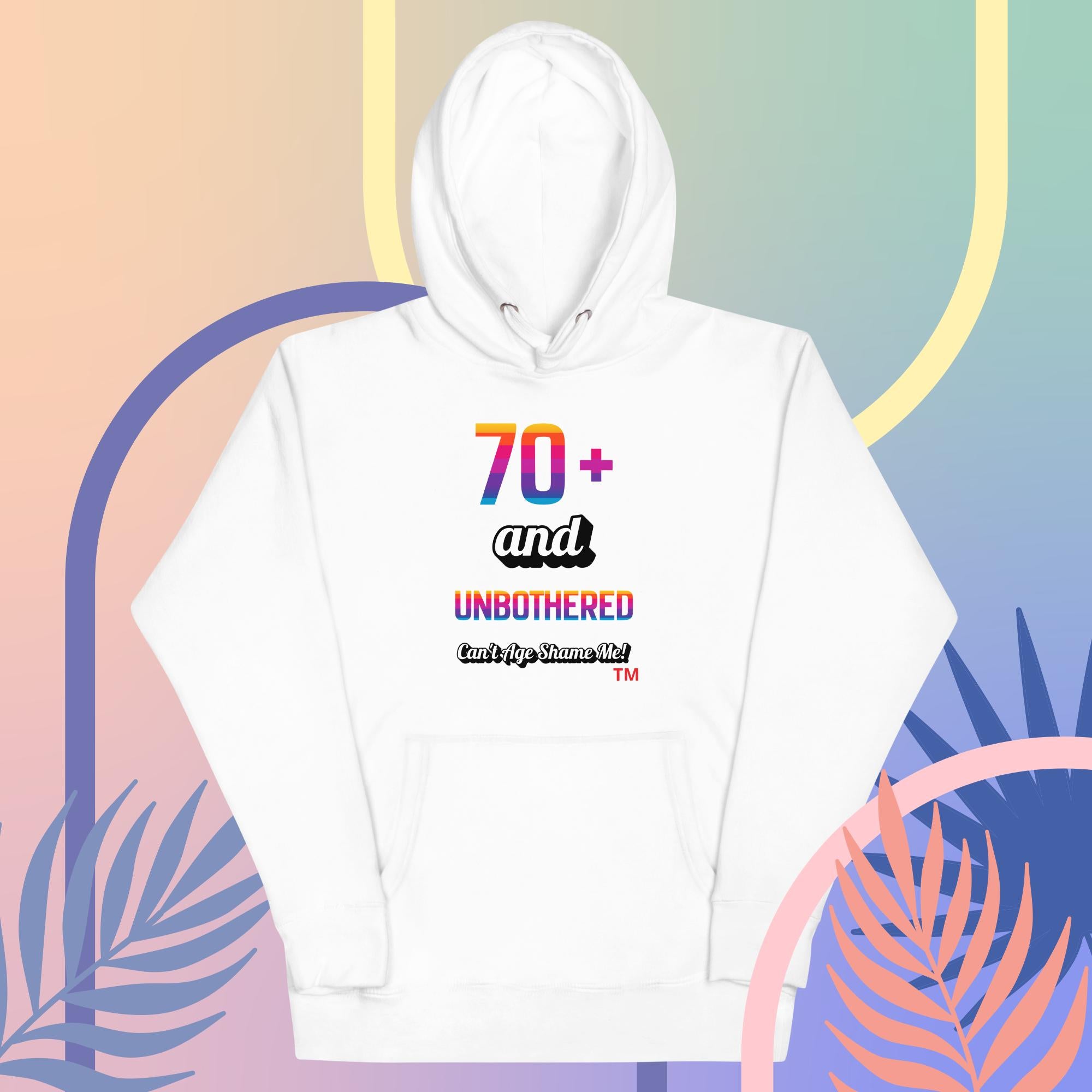 White hoodie with colorful text design on a multicolored abstract background