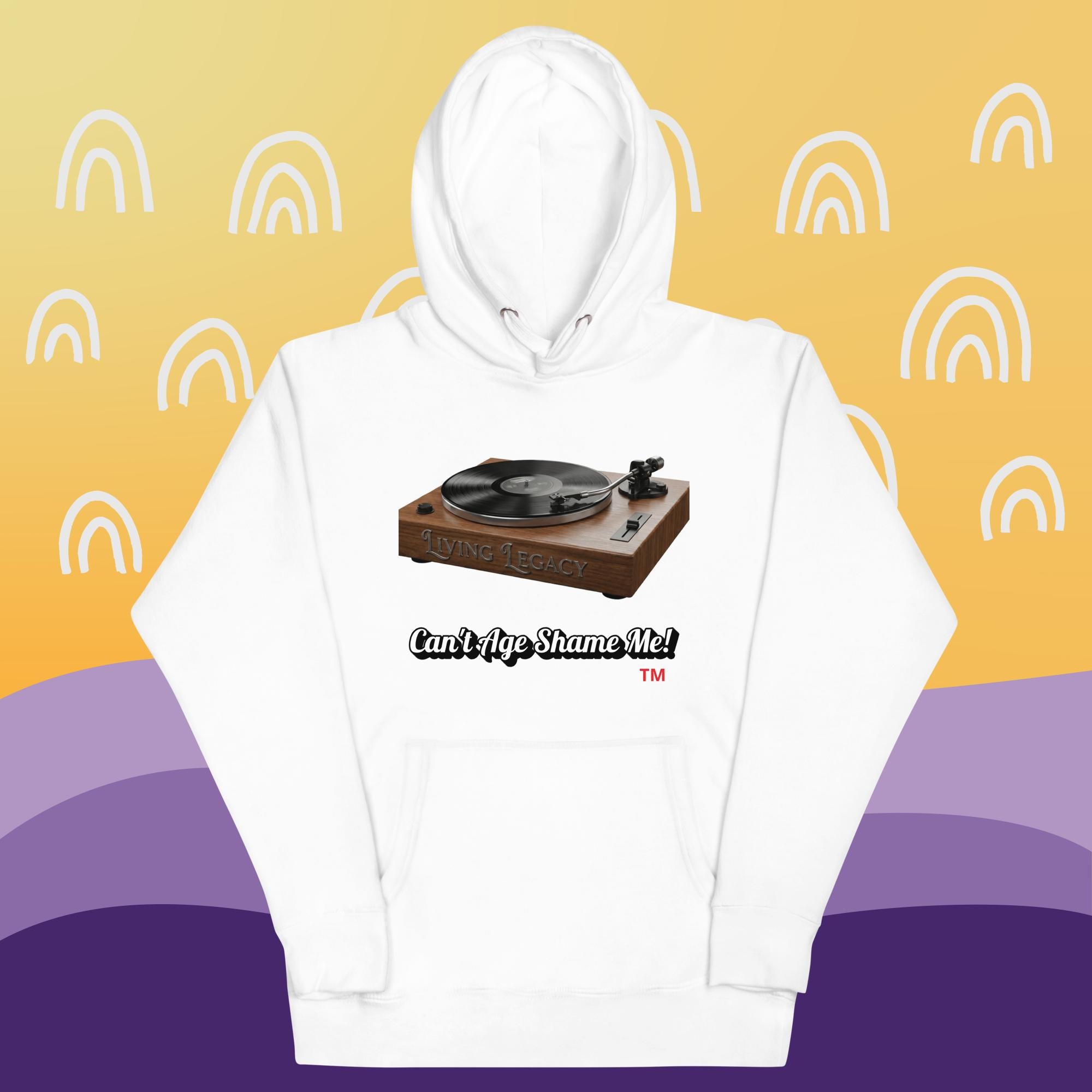 white hoodie with a graphic of a turntable and text can't age shame me! on a yellow and purple background