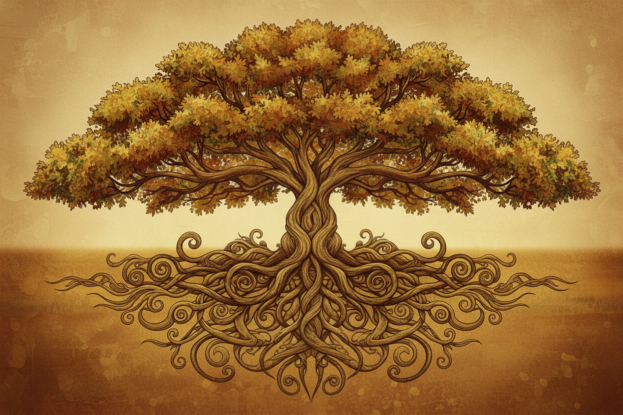 Artistic oak tree with sprawling roots and branches symbolizing legacy and purpose