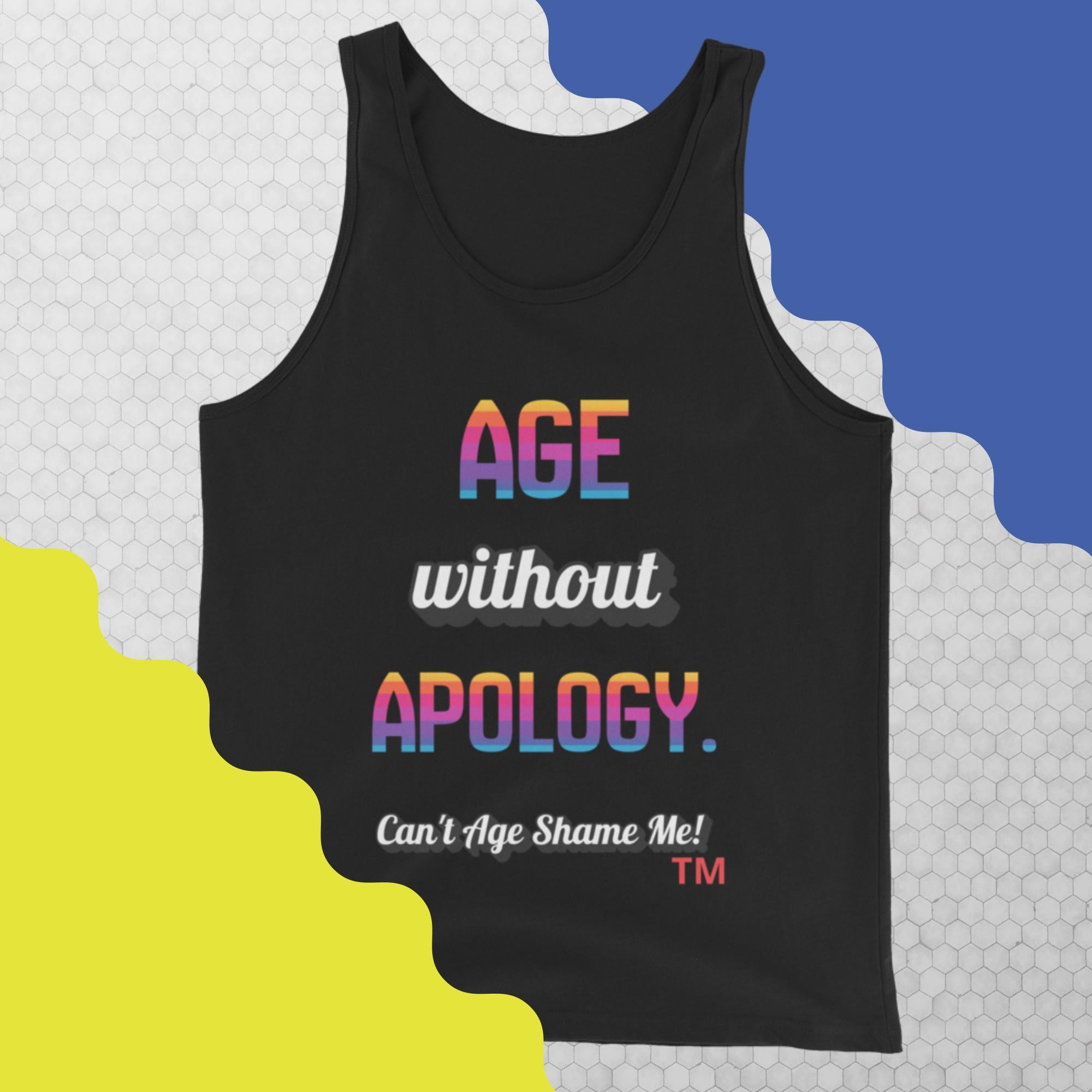 Black tank top with colorful text on a geometric patterned background