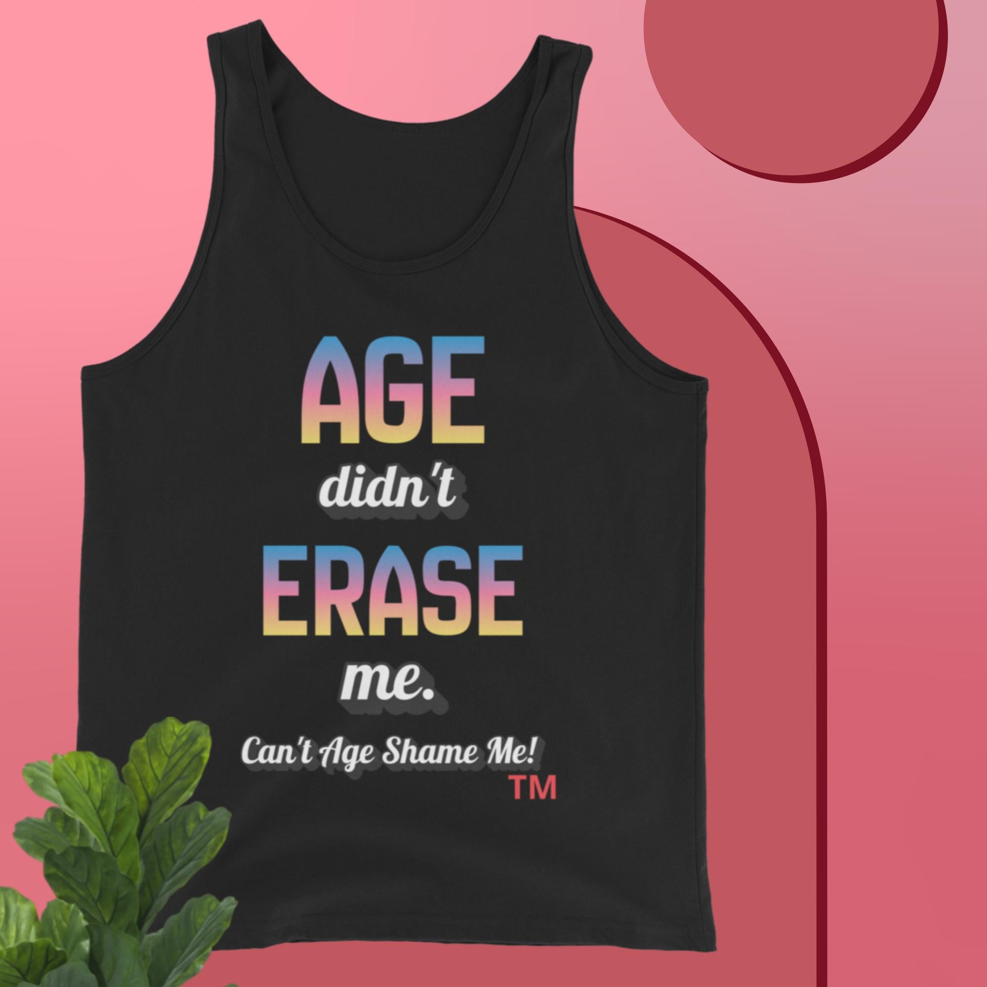 Black tank top with colorful text on a pink background