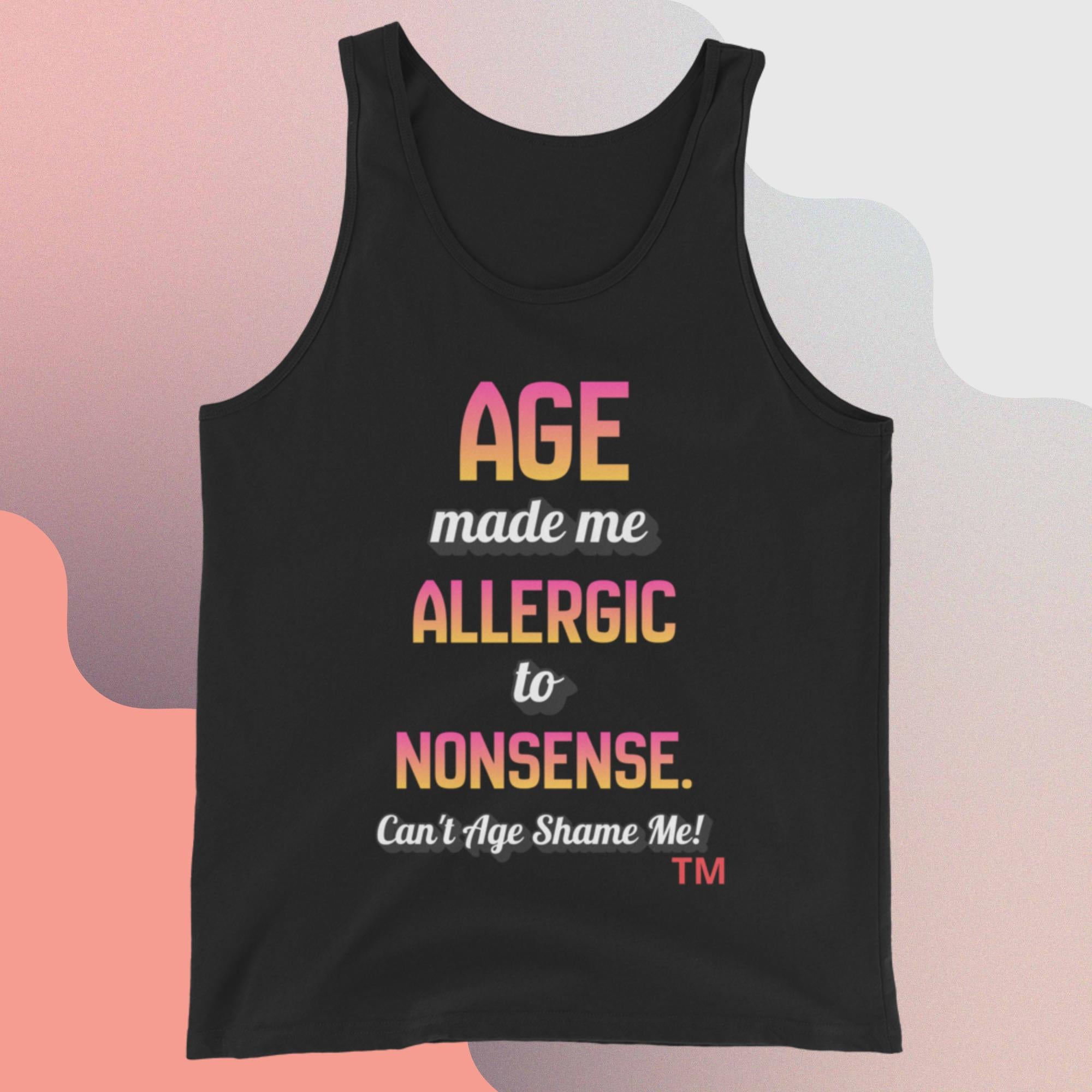 Black tank top with colorful text on a gradient background