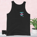 Black tank top with text Can't age Shame Me!  on a pink background