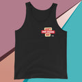 Black tank top with 'Can't Age Shame Me!' text on a colorful geometric background