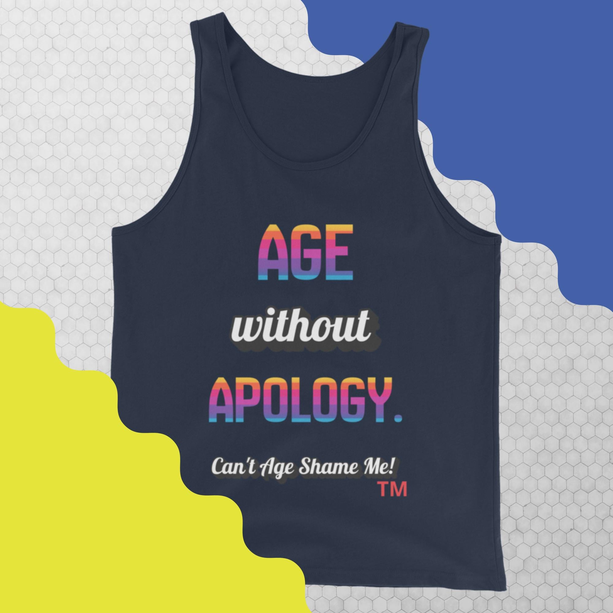 Navy tank top with colorful text on a geometric patterned background