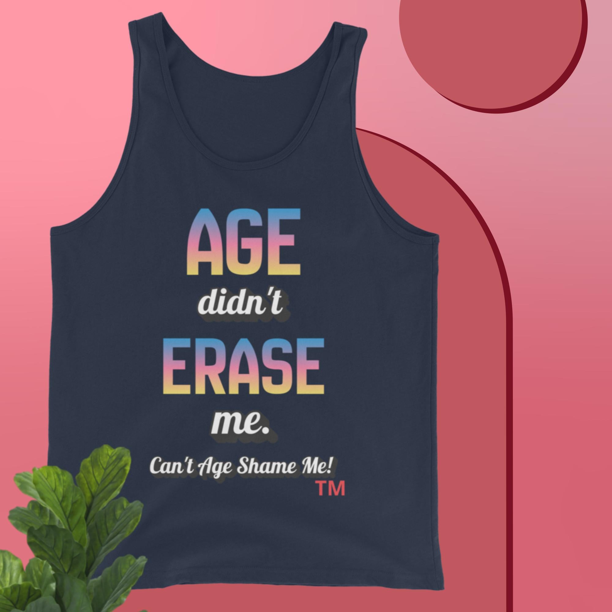 Navy tank top with colorful text on a pink background