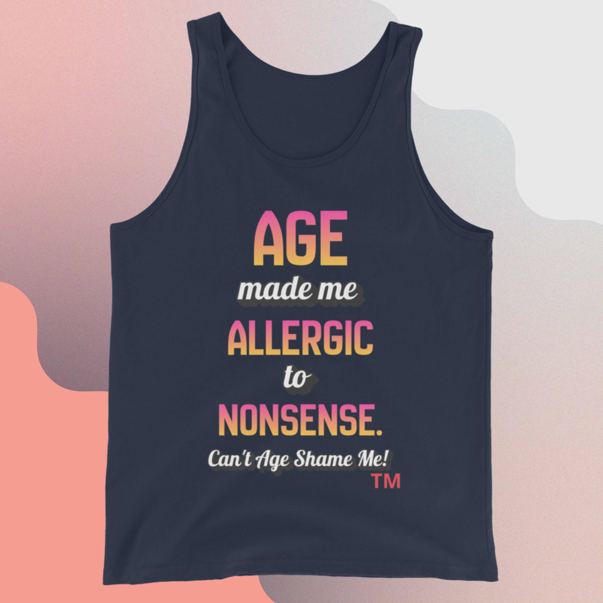 Navy tank top with colorful text on a gradient background