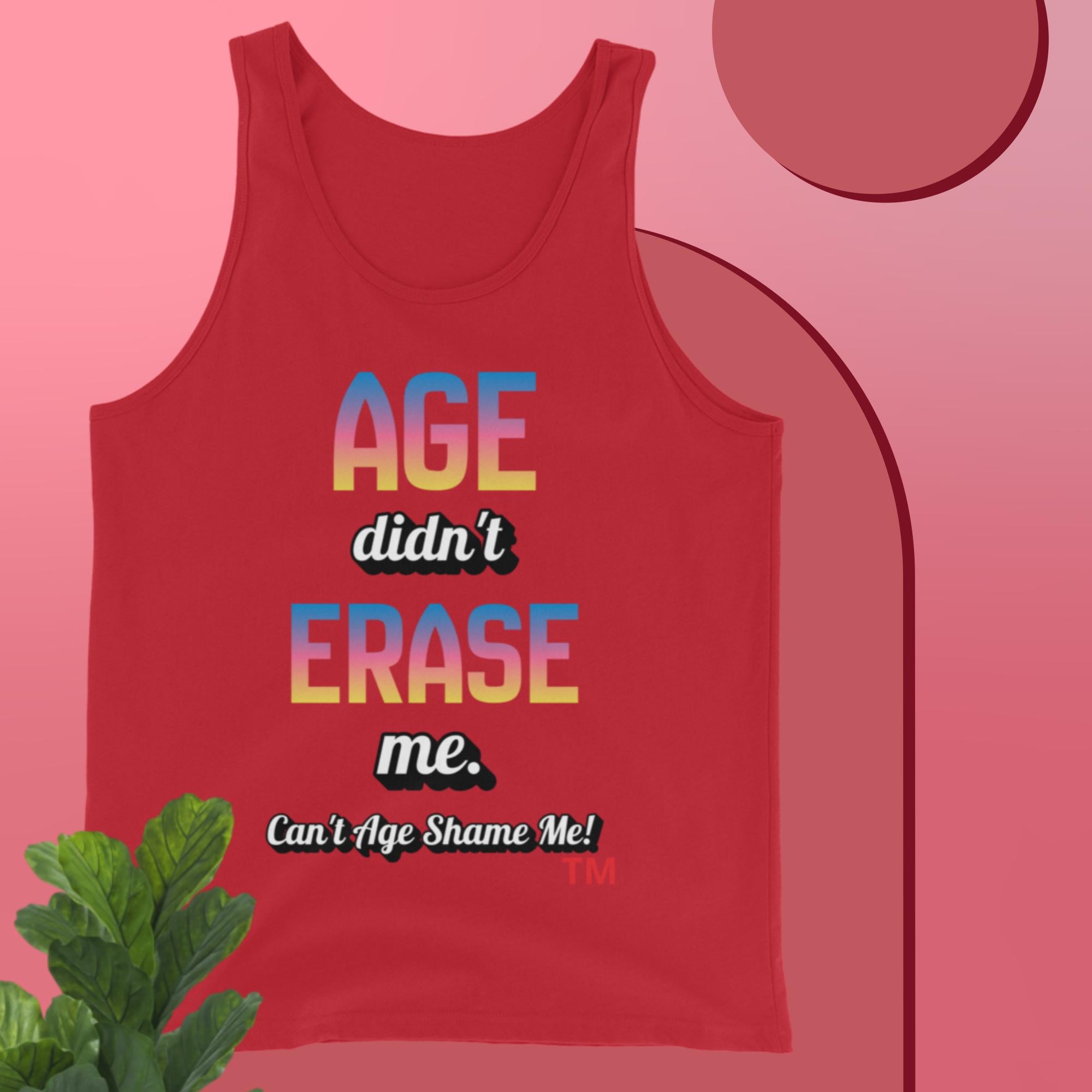 Red tank top with colorful text on a pink background