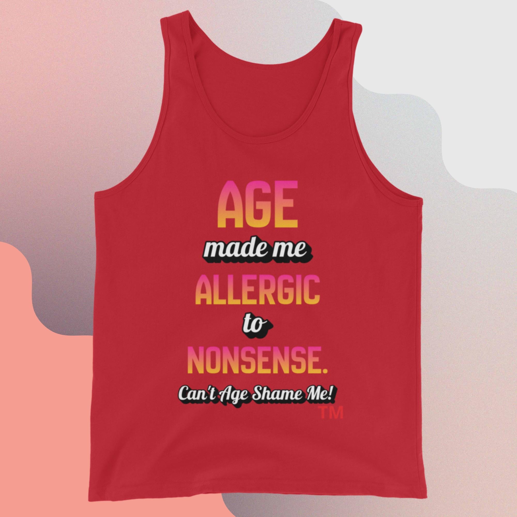 Red tank top with humorous text design on a gradient background