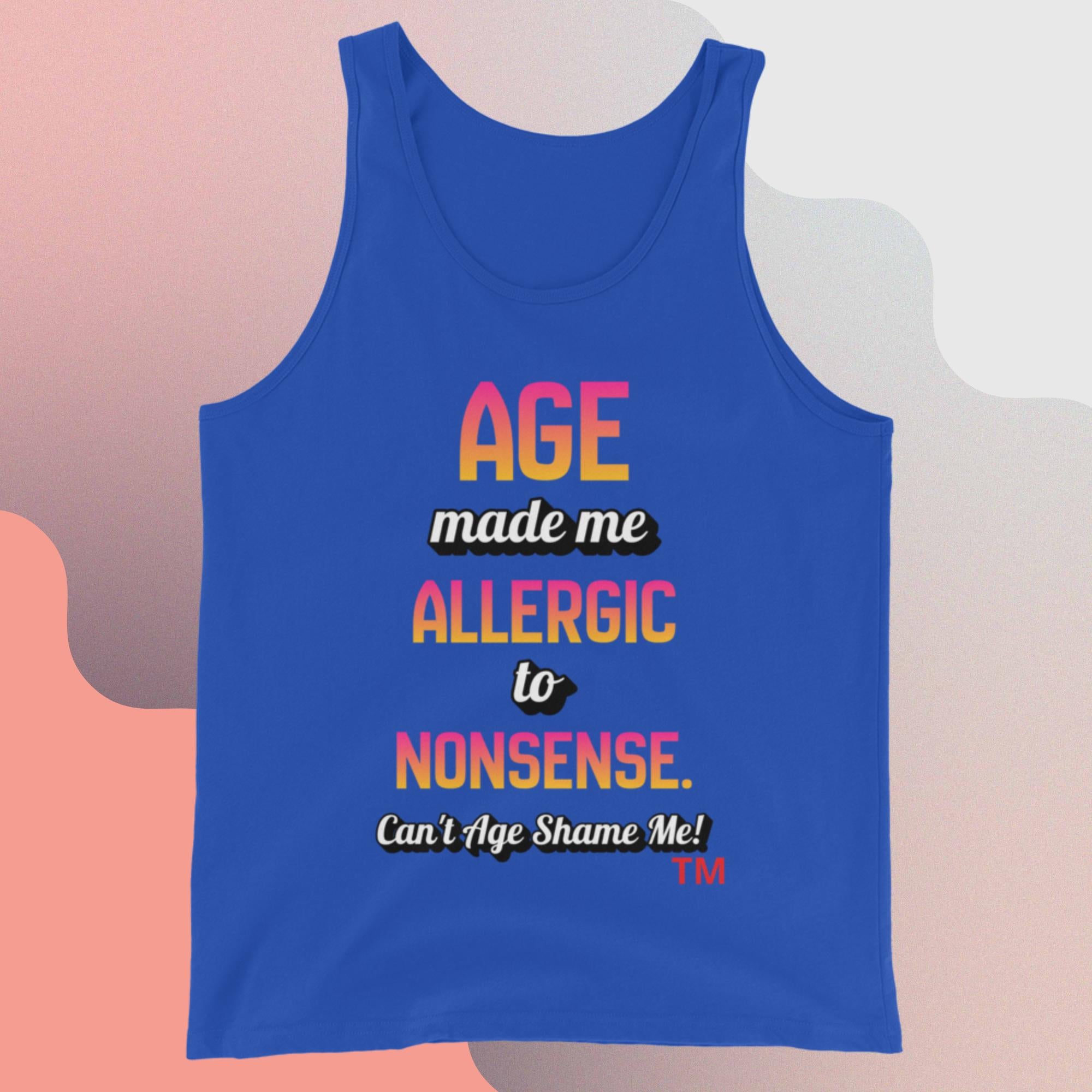 Blue tank top with colorful text on a gradient background