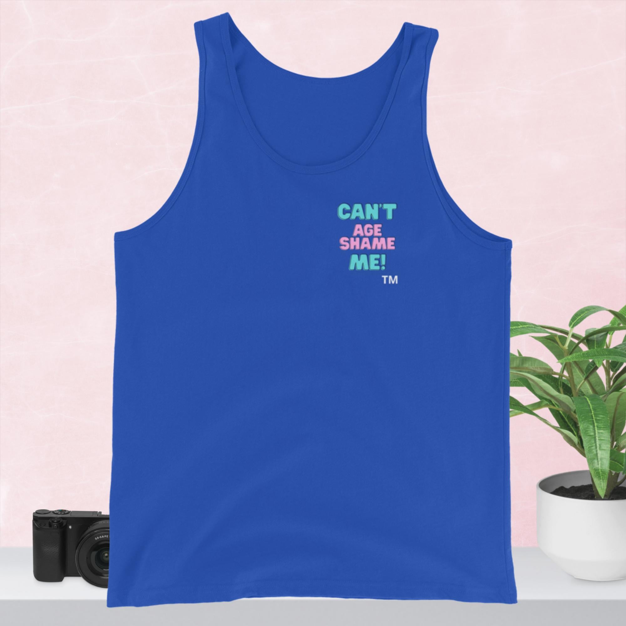 Royal Blue tank top with text Can't age Shame Me!  on a pink background