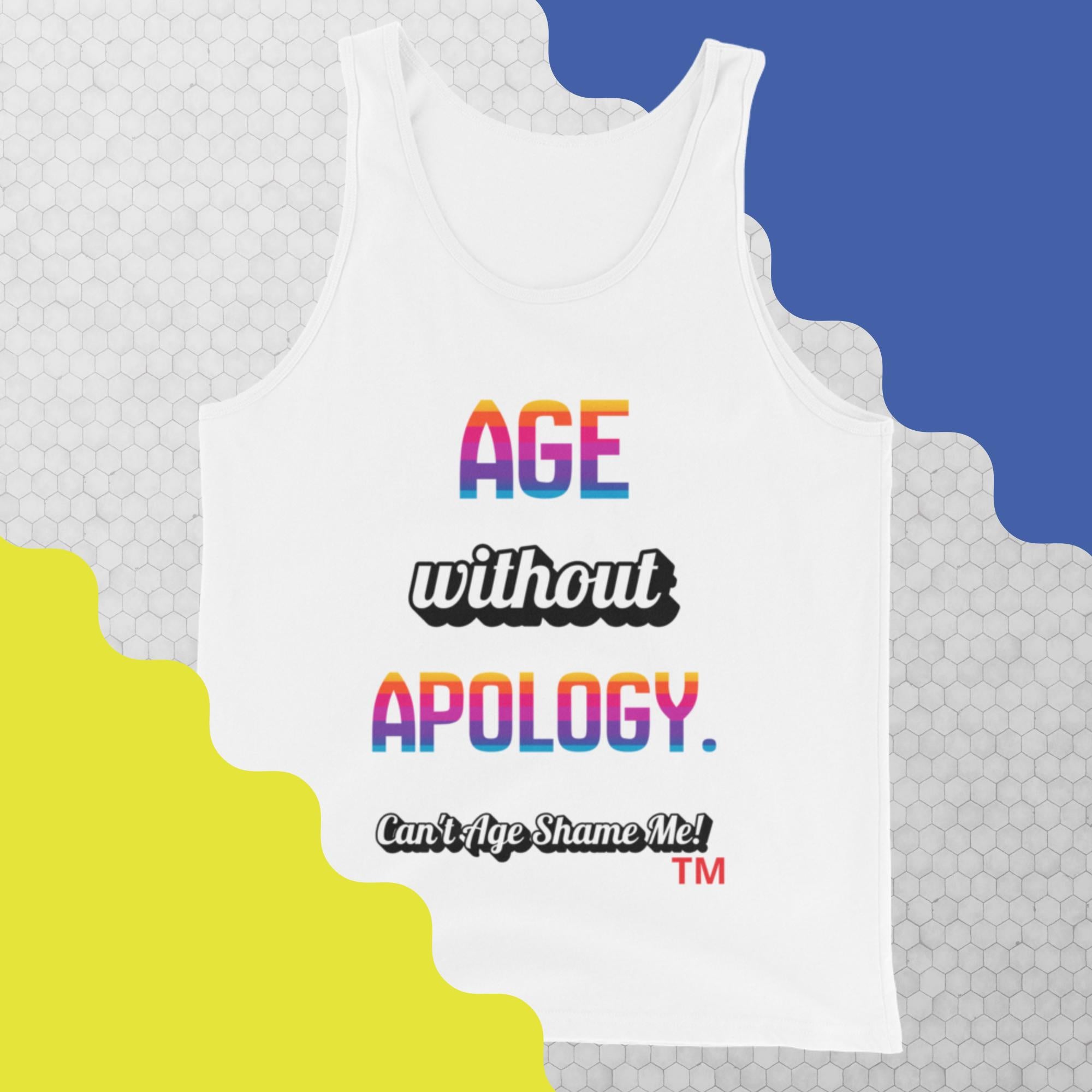 White tank top with colorful text on a geometric patterned background