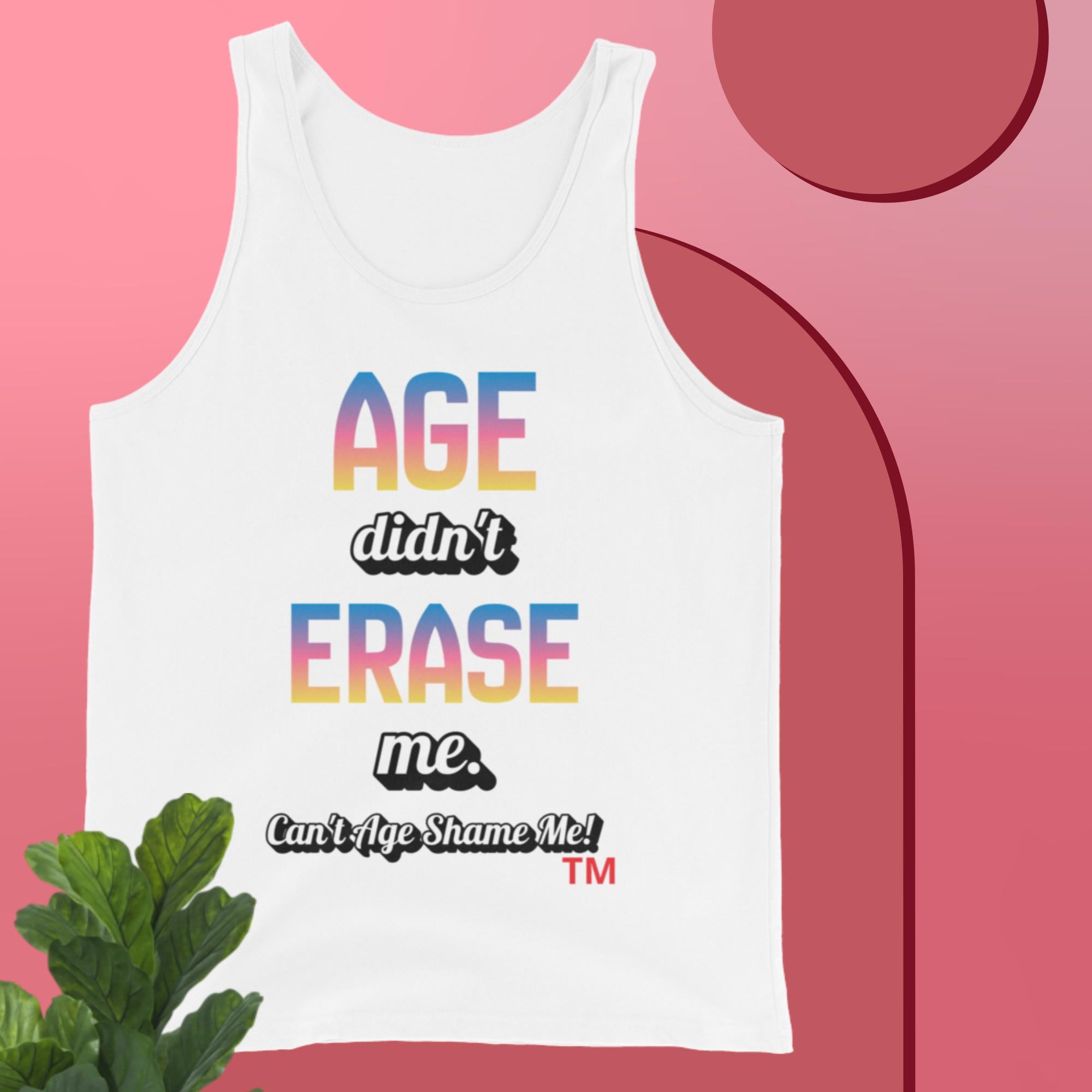 White tank top with colorful text on a pink background
