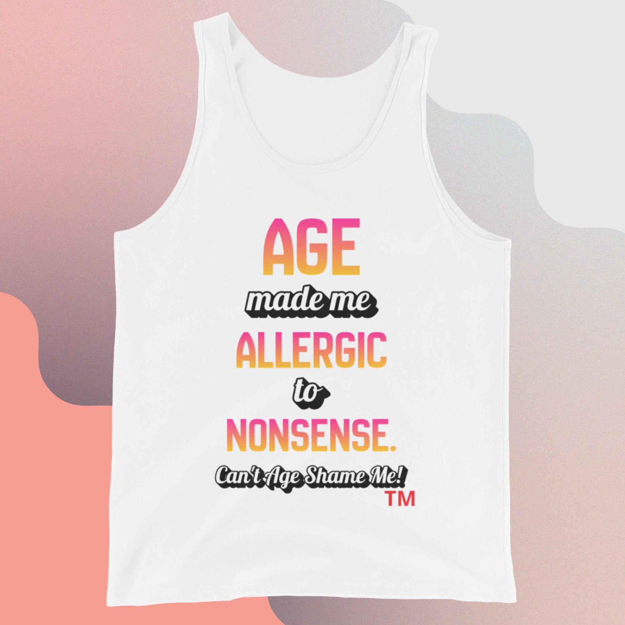 White tank top with colorful text on a gradient background