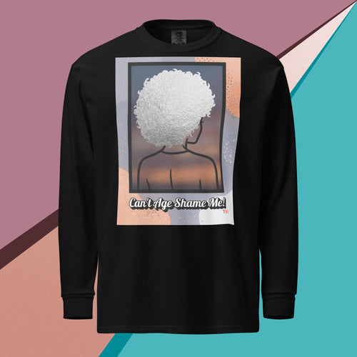 Black long-sleeve shirt with a graphic design of a person with textured hair and text 'Can't Age Shame Me!' on a colorful background.