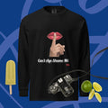 Black long-sleeve shirt with a graphic design of lips and a finger on a blue background