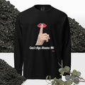 Black long-sleeve shirt with graphic design of finger on mouth and text 'Can't Age Shame Me' on a textured background.