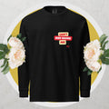 Black long-sleeve shirt with a red and yellow logo text graphic: 'CAN'T AGE SHAME ME!
 on a floral background

