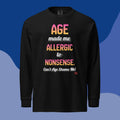 Black long-sleeve shirt with colorful text on a blue background