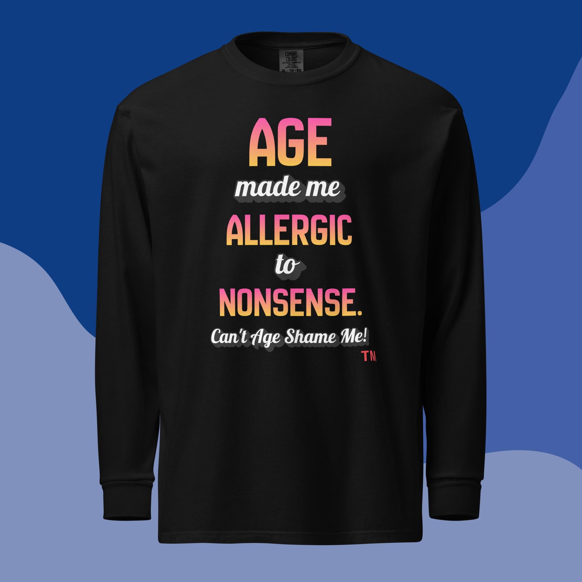 Black long-sleeve shirt with colorful text on a blue background