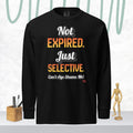 Black long-sleeve shirt with colorful text on a white background