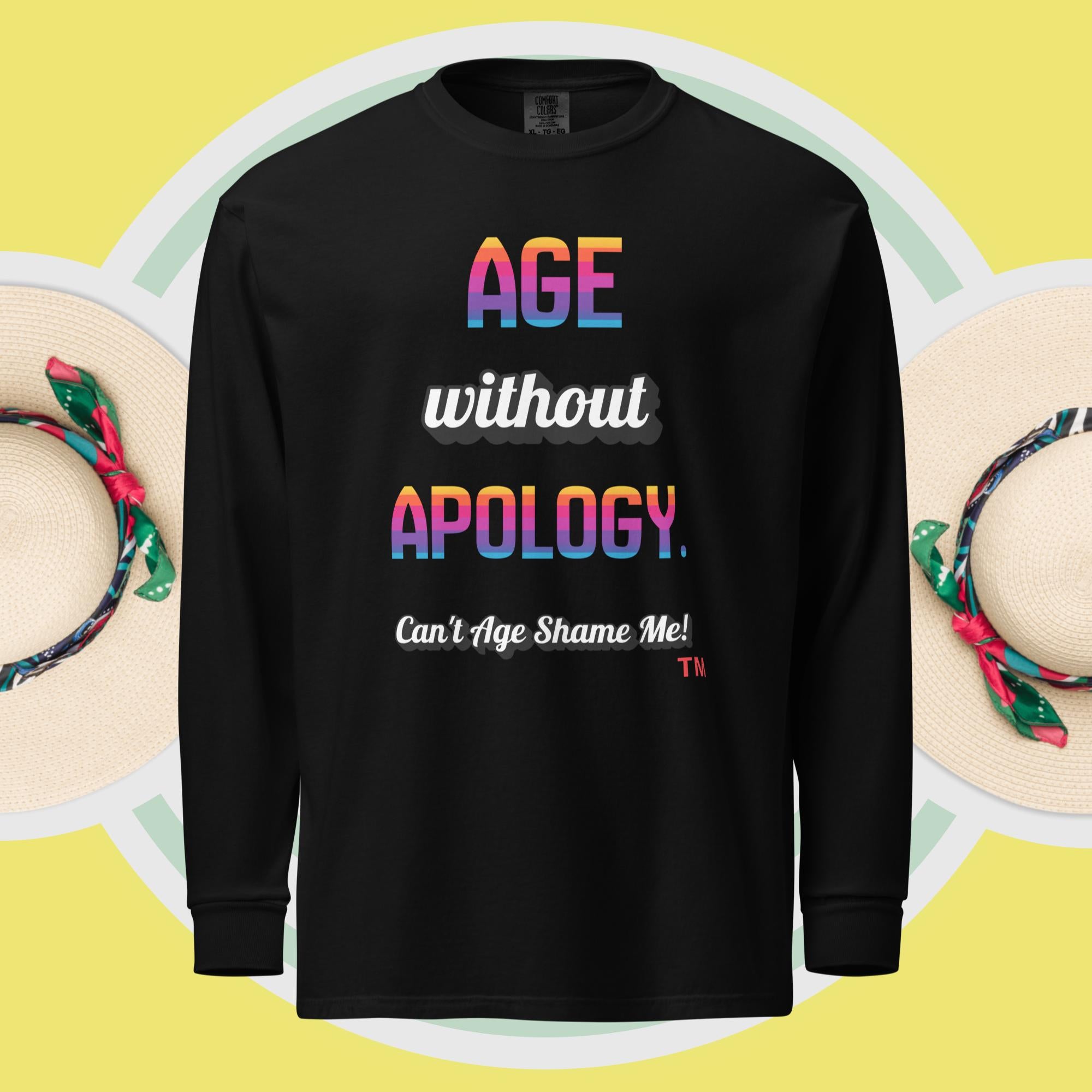 Black long-sleeve shirt with colorful text on a yellow background