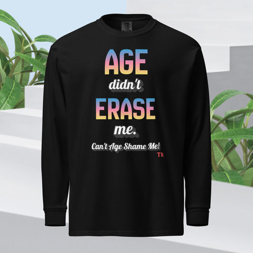 Black long-sleeve shirt with colorful text on a light background