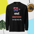 Black long-sleeve shirt with colorful text on a multicolored background
