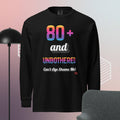 Black long-sleeve shirt with colorful text design on a gradient background