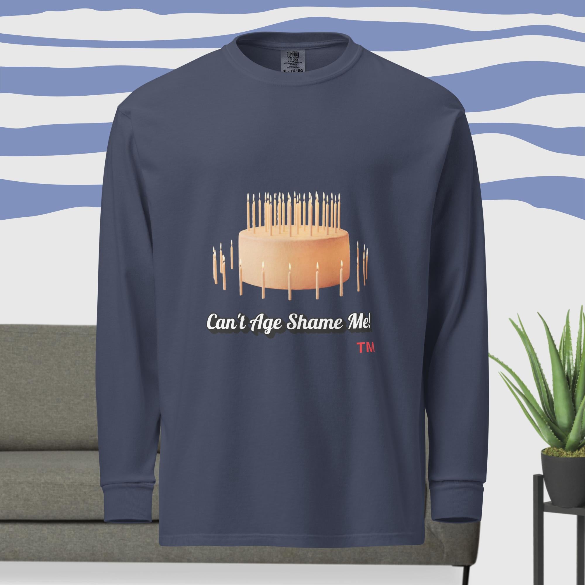 Navy blue long-sleeve shirt with birthday cake graphic 