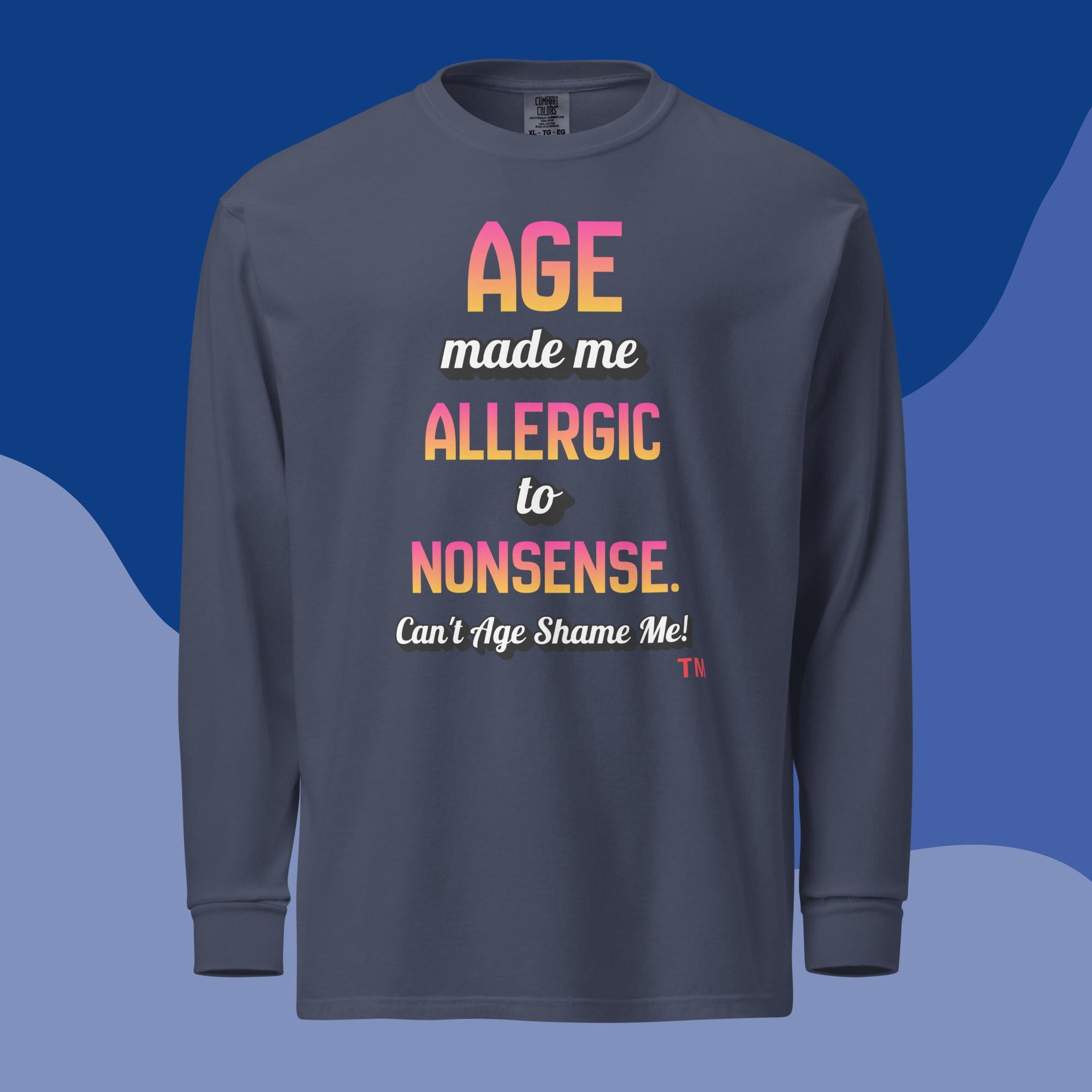 Navy long-sleeve shirt with colorful text on a blue background