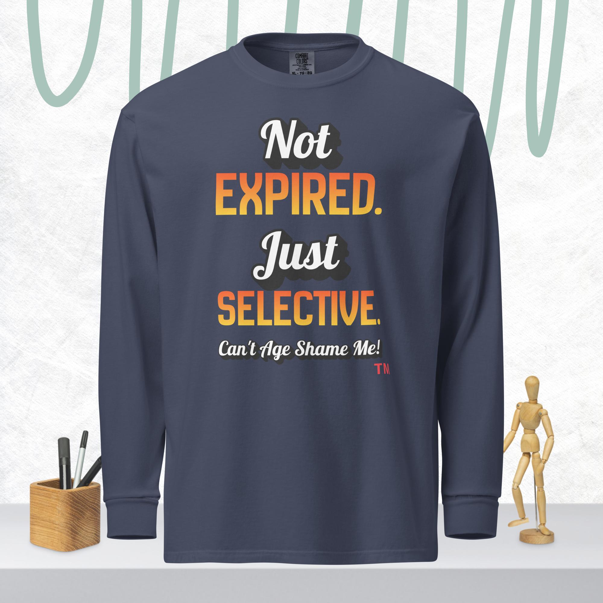 Navy blue long-sleeve shirt with colorful text on a white background