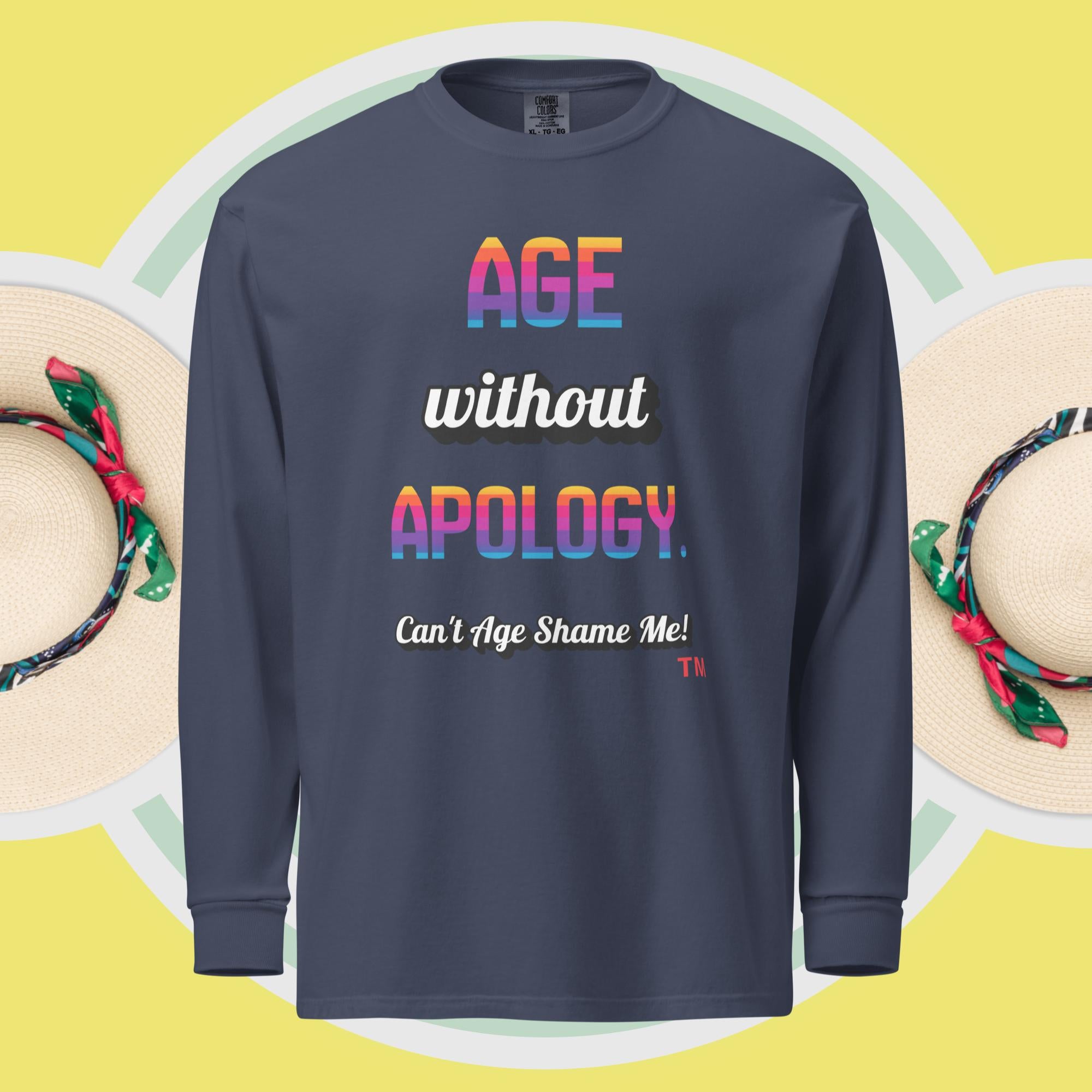 Navy long-sleeve shirt with colorful text on a yellow background