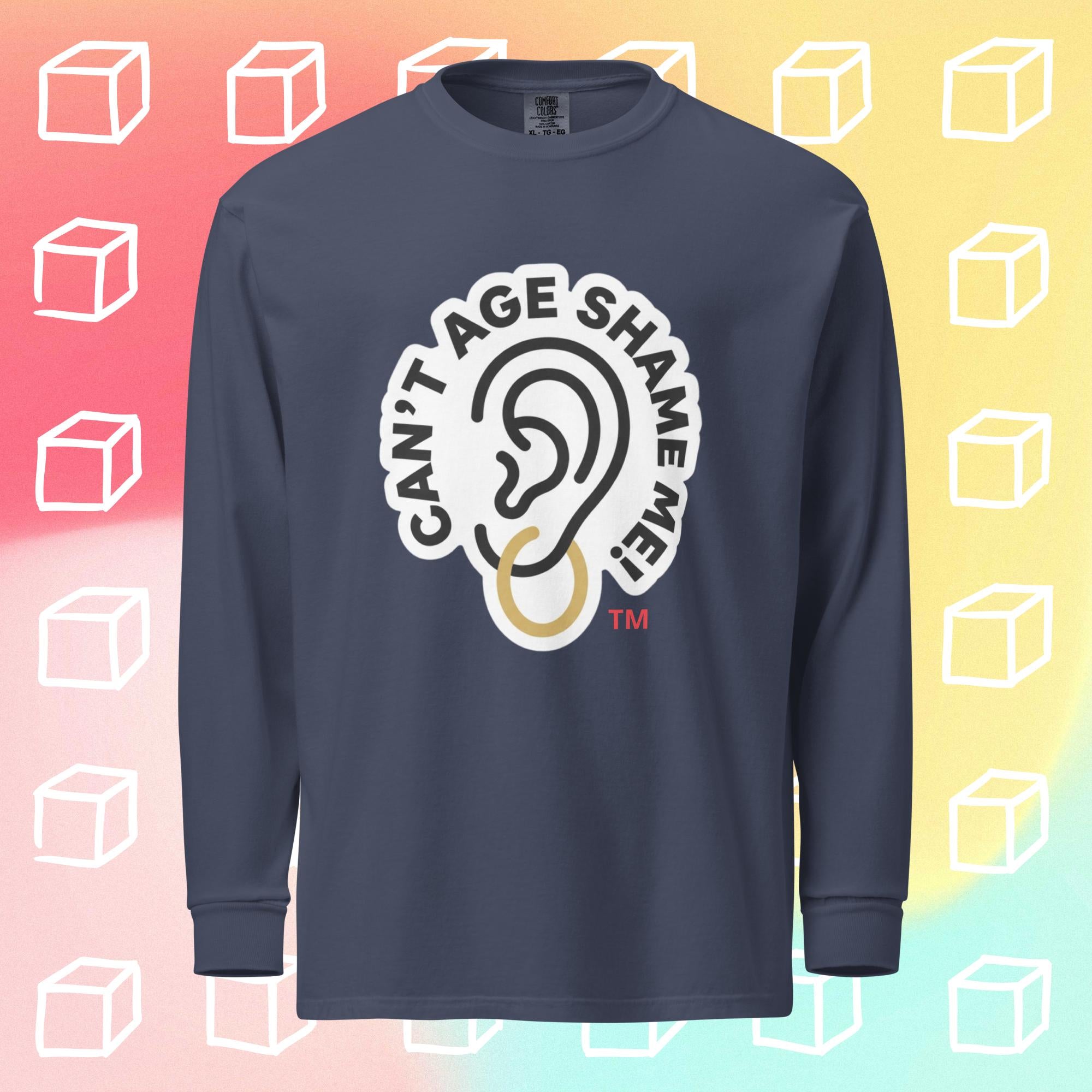 Navy blue long-sleeve shirt with 'Can't Age Shame Me' graphic on a colorful geometric background