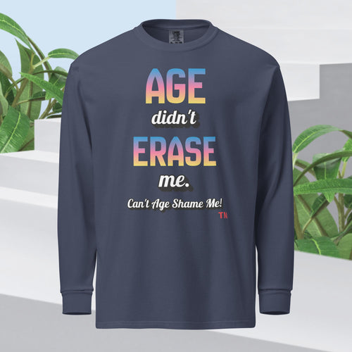 Navy blue long-sleeve shirt with colorful text on a light background