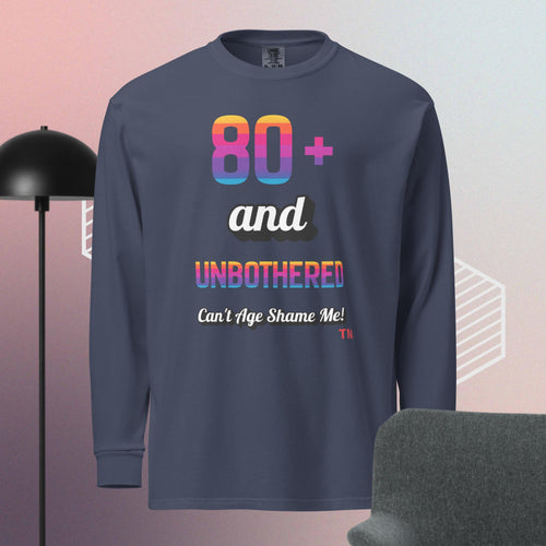 Navy blue long-sleeve shirt with colorful text design on a gradient background