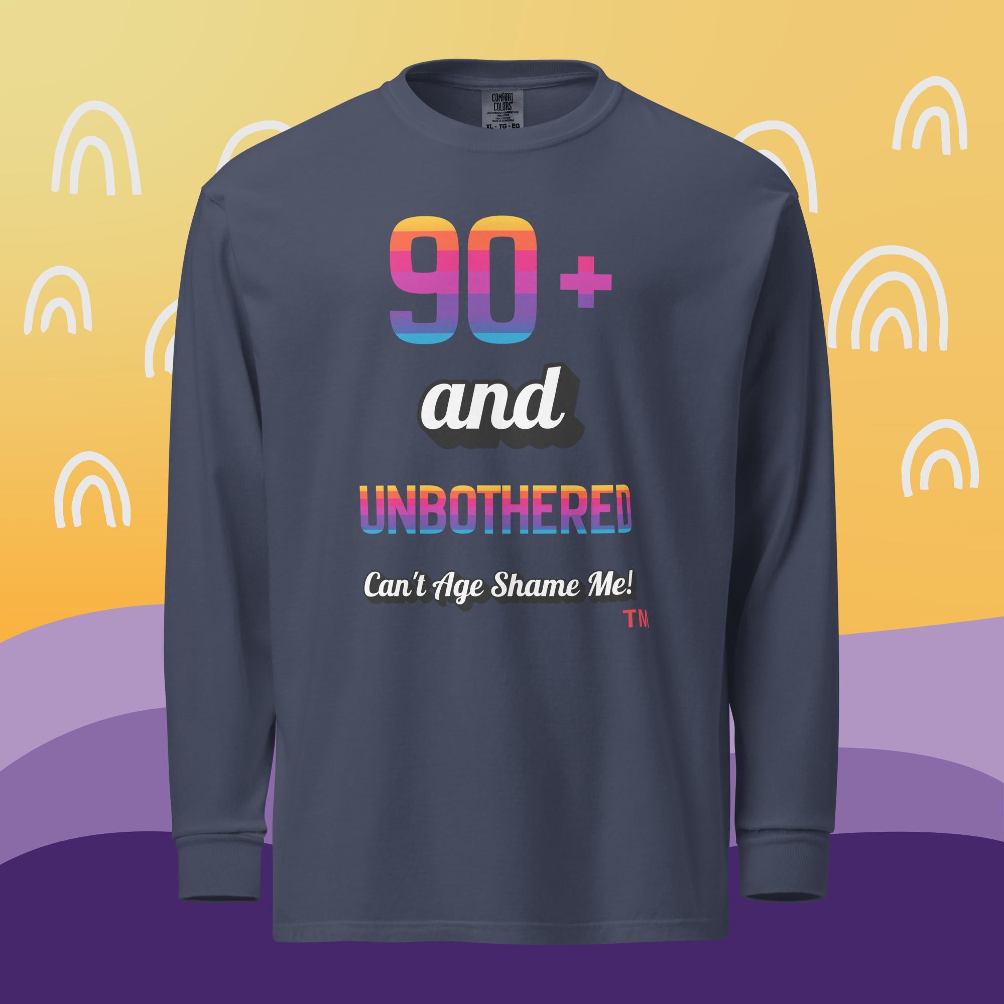 Navy long-sleeve shirt with colorful text on a yellow and purple background