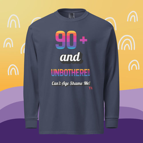 Navy long-sleeve shirt with colorful text on a yellow and purple background