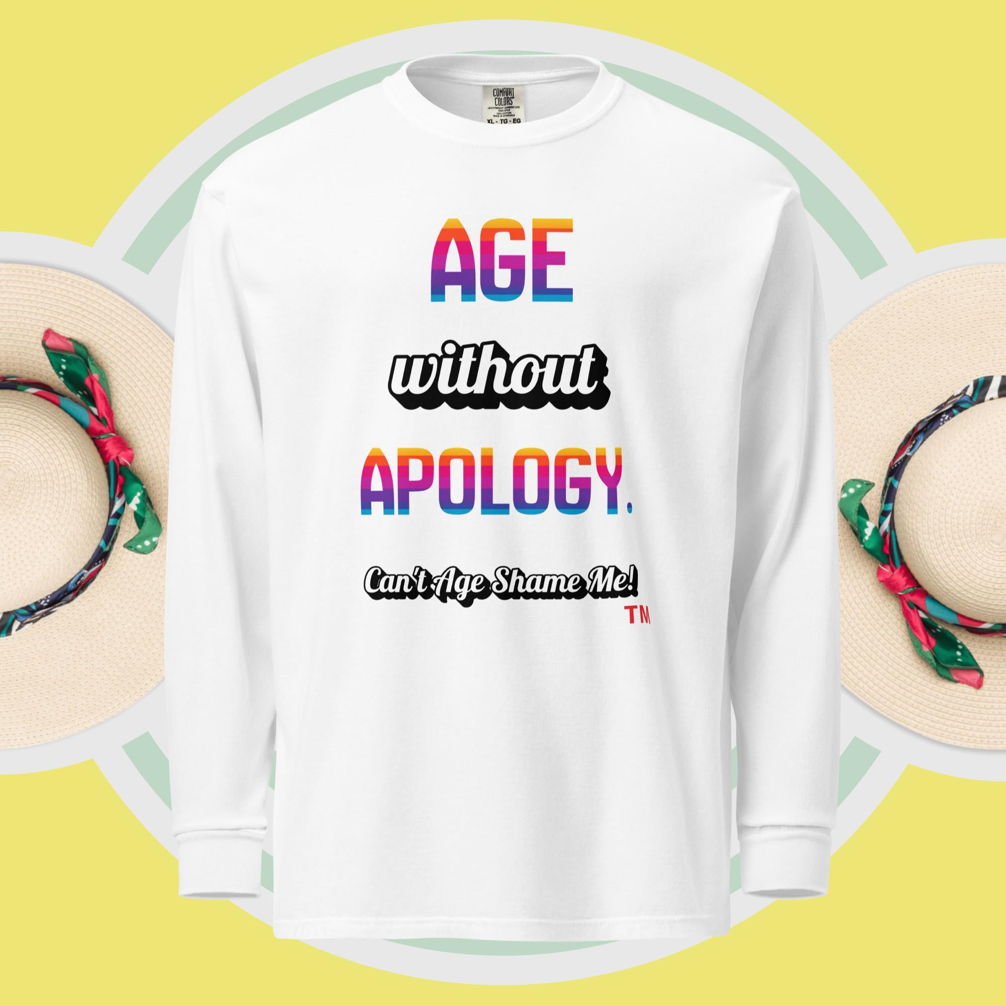 White sweatshirt with colorful text on a yellow background