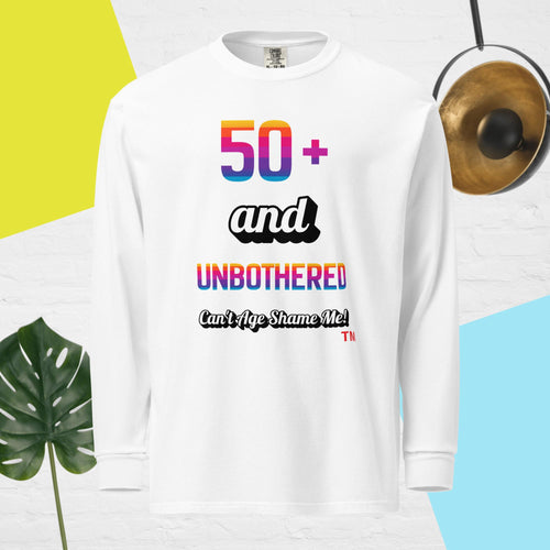White sweatshirt with colorful text design on a white background with decorative elements.