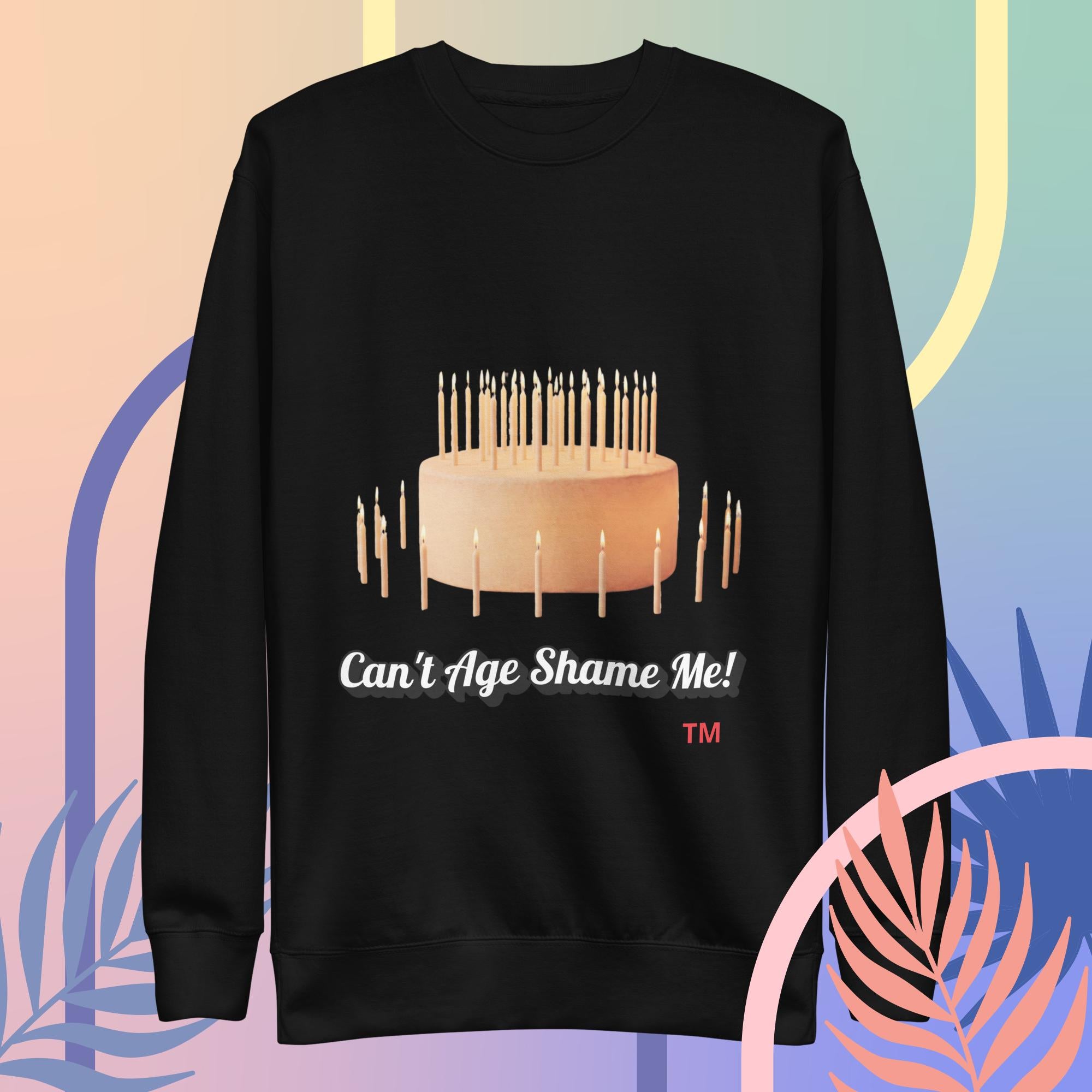 Black sweatshirt with birthday cake and candles design on a colorful background