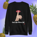 Black sweatshirt with a graphic design of finger on mouth and text 'Can't Age Shame Me!' on a blue background with pineapples.